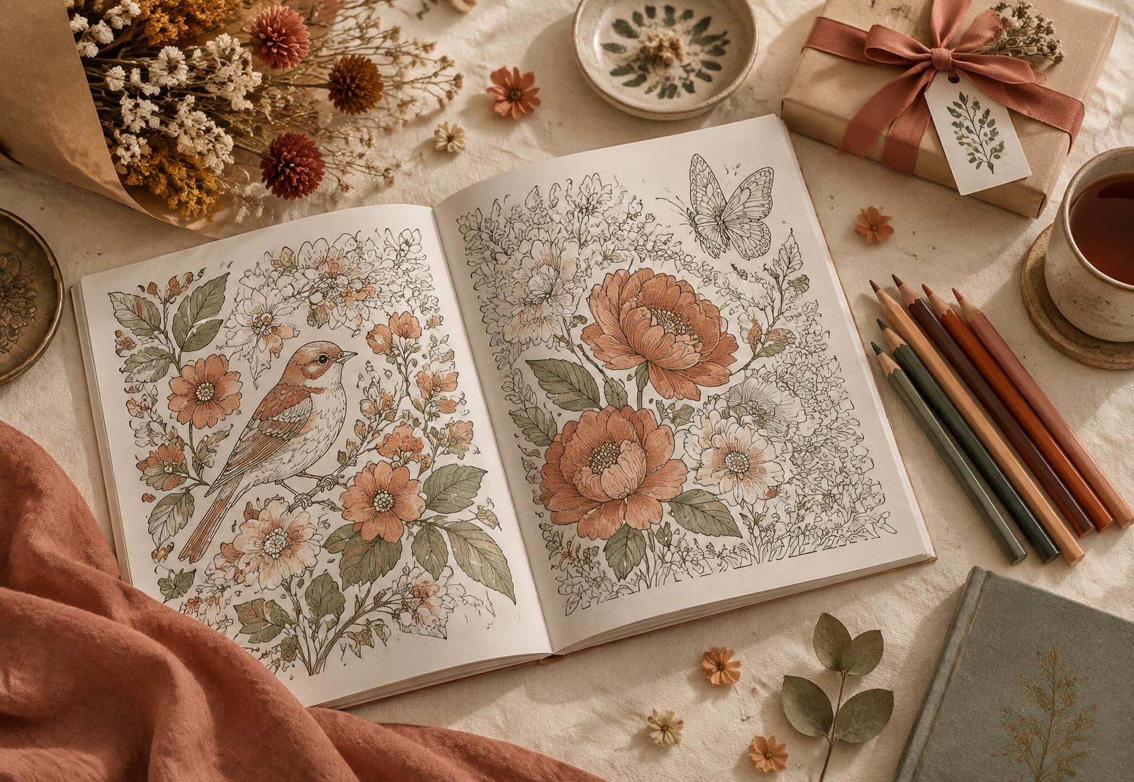 An open hand-drawn coloring book beside colouring pencils, dried flowers and a wrapped gift